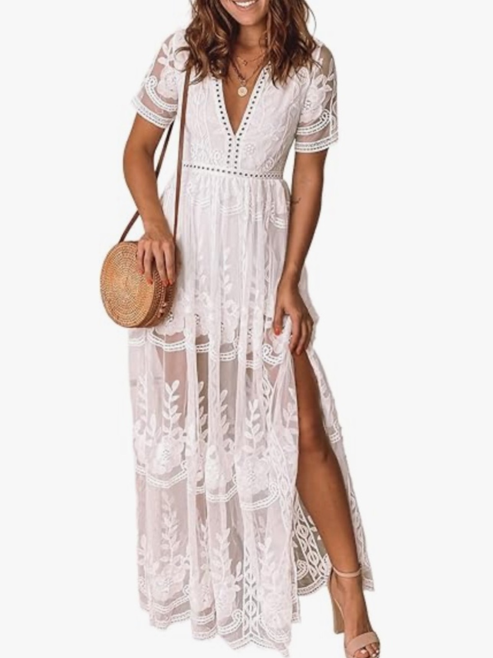 Lrg White Floral Lace Maxi Dress NWOT